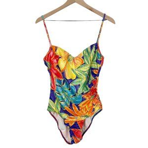Stunning Vintage Low Open Back Tropical Print Ruched One Piece Swimsuit 80s 90s